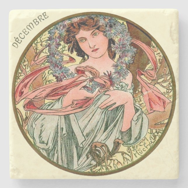Art Nouveau Mucha Kalender Dezember Steinuntersetzer (Vorderseite)