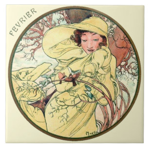 Art Nouveau Mucha Kalender Februar Fliese