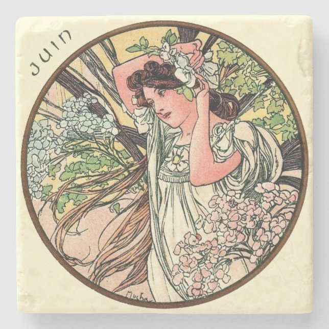 Art Nouveau Mucha Kalender Juni Steinuntersetzer (Vorderseite)