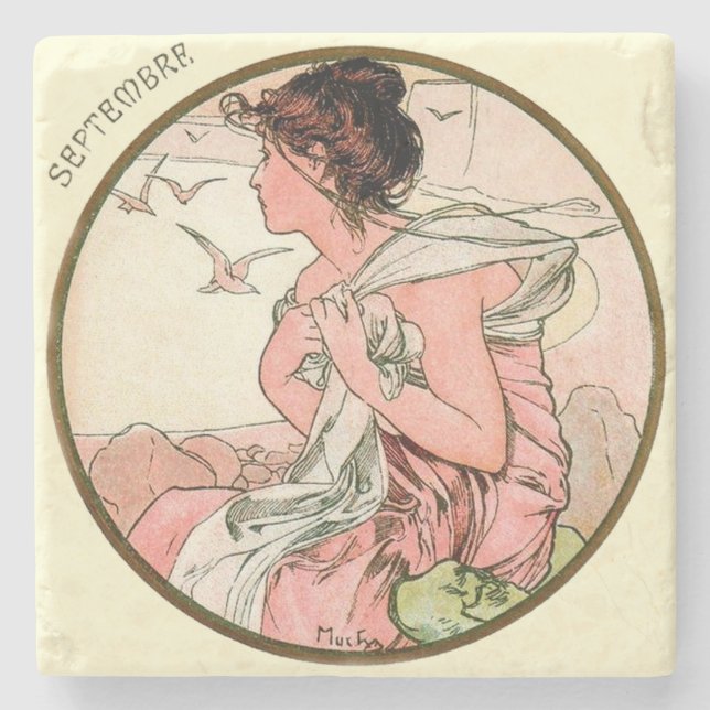 Art Nouveau Mucha Kalender September Steinuntersetzer (Vorderseite)
