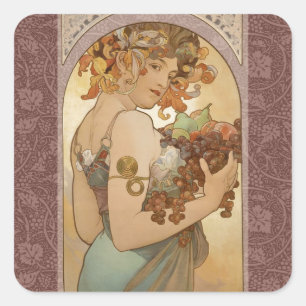 Art Nouveau Mucha Schöne Frauenfrucht Quadratischer Aufkleber