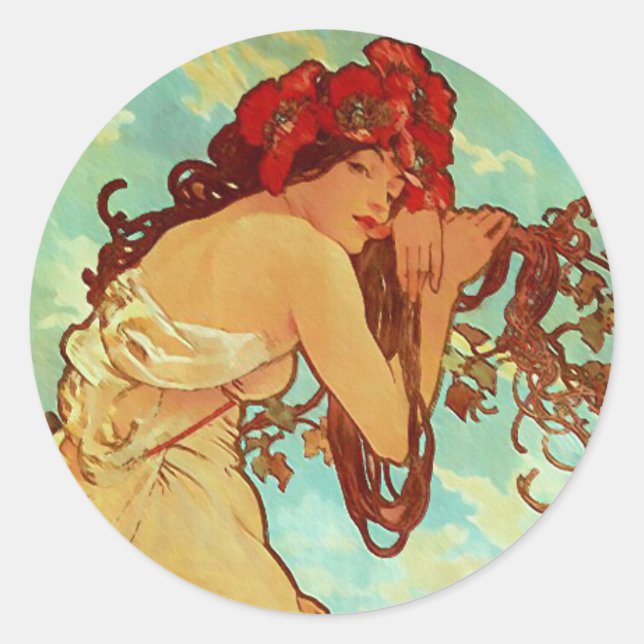 Art Nouveau - Mucha - Sommer Runder Aufkleber (Vorderseite)