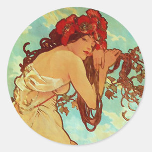 Art Nouveau - Mucha - Sommer Runder Aufkleber