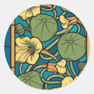 Art Nouveau Nasturtium Blau Gold floral Verneuil Runder Aufkleber