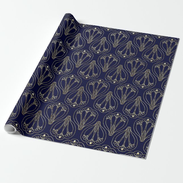Art Nouveau Navy Blue und Gold Geschenkpapier (Ungerollt)