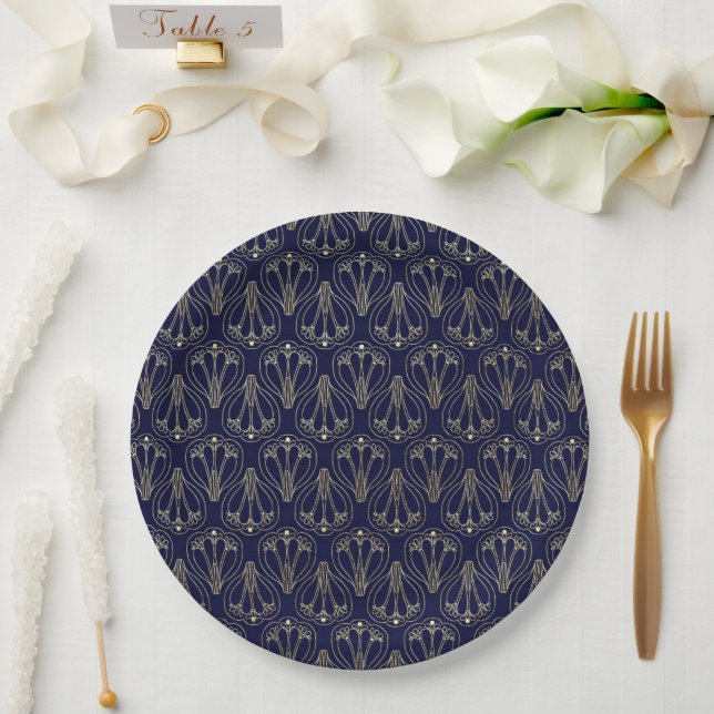Art Nouveau Navy Blue und Gold Pappteller (Hochzeit)