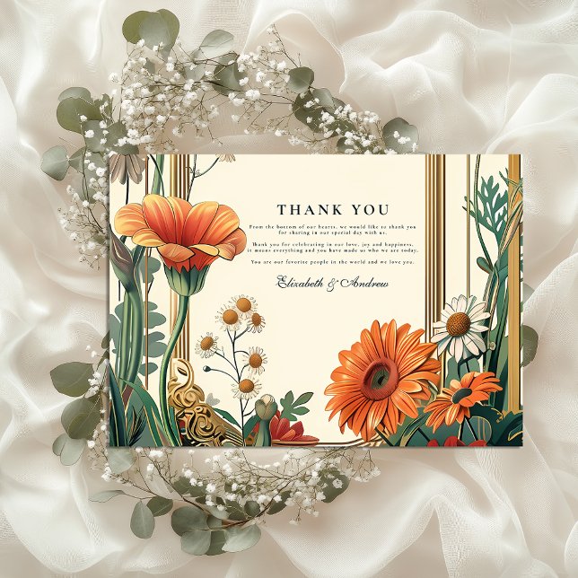 Art Nouveau Orange Floral Wedding Dankeskarte (Von Creator hochgeladen)