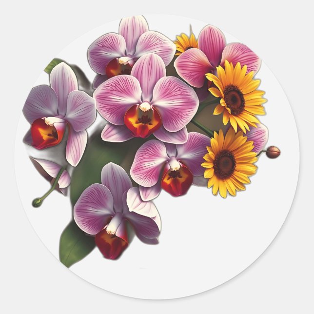 Art Nouveau Orchideen mit Sonnenblumen Runder Aufkleber (Vorderseite)