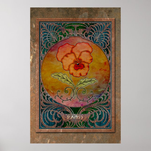 Art Nouveau Pansy in einem Coppery Mucha Rahmen Poster (Vorne)