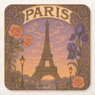Art Nouveau Paris Eiffel Tower Floral Rechteckiger Pappuntersetzer