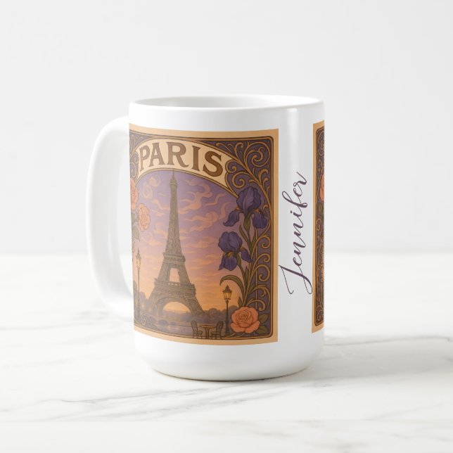 Art Nouveau Paris Eiffelturm Individuelle Name Kaffeetasse (Vorderseite Links)