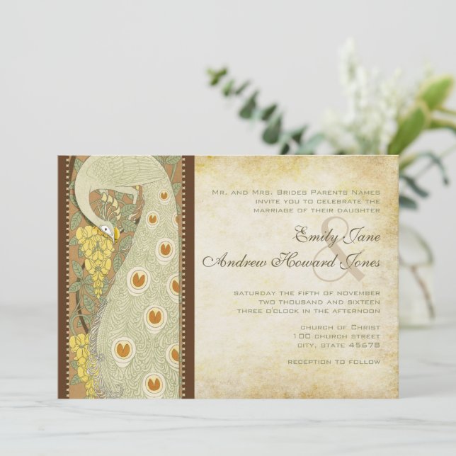 Art Nouveau Peacock Birds Hochzeit Einladung (Stehend Vorderseite)