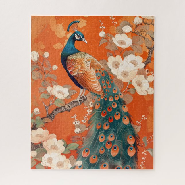 Art Nouveau Peacock Orange Floral Puzzle (Vertikal)