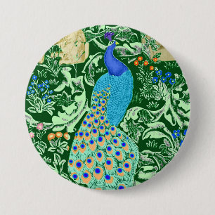 Art Nouveau Peacock Print, Cobalt Blue & Green Button