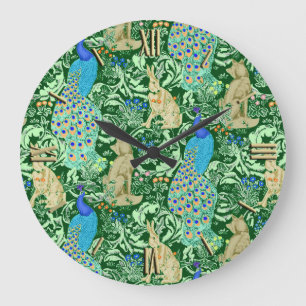 Art Nouveau Peacock Print, Cobalt Blue & Green Große Wanduhr
