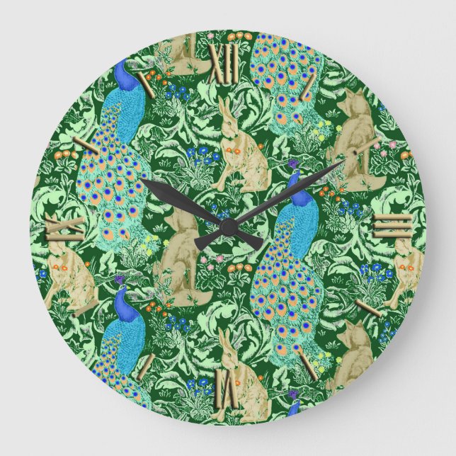 Art Nouveau Peacock Print, Cobalt Blue & Green Große Wanduhr (Vorderseite)