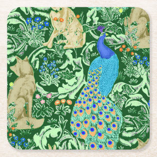 Art Nouveau Peacock Print, Cobalt Blue & Green Rechteckiger Pappuntersetzer