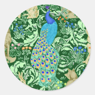 Art Nouveau Peacock Print, Cobalt Blue & Green Runder Aufkleber
