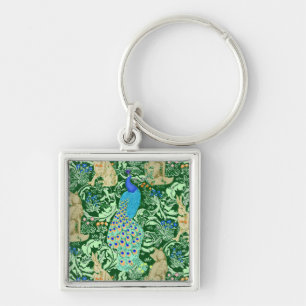 Art Nouveau Peacock Print, Cobalt Blue & Green Schlüsselanhänger