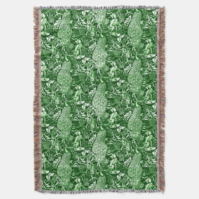 Art Nouveau Peacock Print, Forest Green Decke (Vorderseite Vertikal)