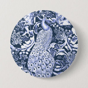 Art Nouveau Peacock Print, Marine und Weiß Button