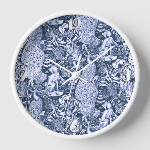 Art Nouveau Peacock Print, Marine und Weiß Uhr