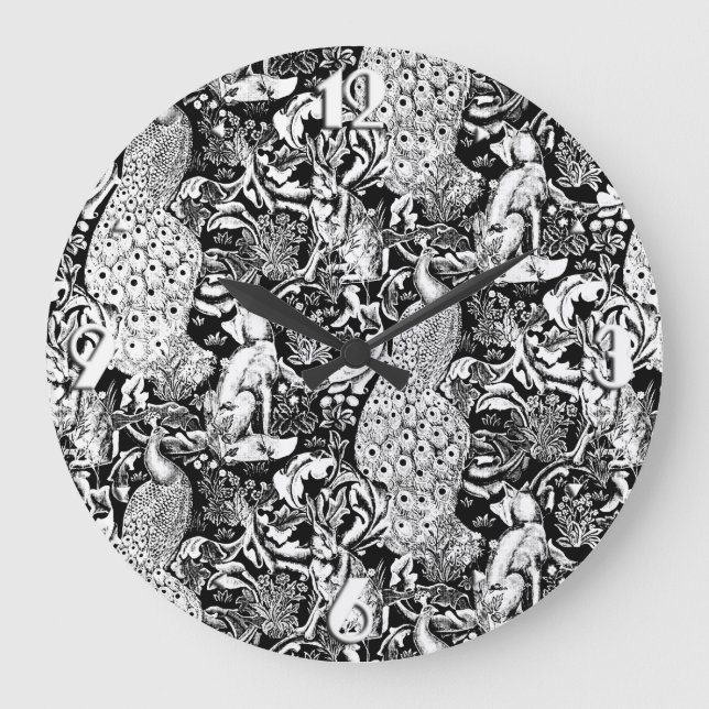 Art Nouveau Peacock Print, Schwarz/Weiß Große Wanduhr (Vorderseite)