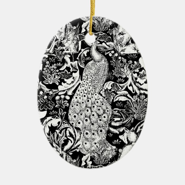 Art Nouveau Peacock Print, Schwarz/Weiß Keramikornament (Vorne)