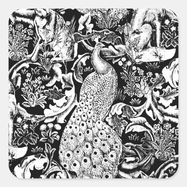 Art Nouveau Peacock Print, Schwarz/Weiß Quadratischer Aufkleber (Vorderseite)