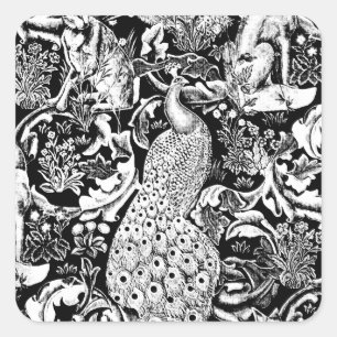 Art Nouveau Peacock Print, Schwarz/Weiß Quadratischer Aufkleber