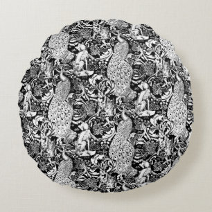 Art Nouveau Peacock Print, Schwarz/Weiß Rundes Kissen