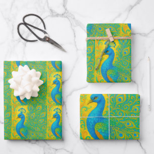 Art Nouveau Peacock Yellow Damask Muster Geschenkpapier Set