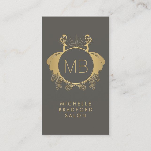 Art Nouveau Peacocks Monogram Logo Gold/Grau Visitenkarte (Vorderseite)