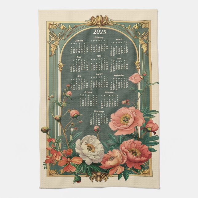 Art Nouveau Peony 2025 Geschenkkalender Geschirrtuch (Vertikal)