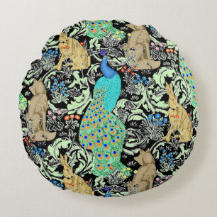 Art Nouveau Pfauen-Druck, Türkis & Neutrale Rundes Kissen