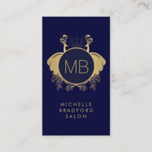 Art Nouveau Pfauen-Monogramm-Logo Gold/Navy Visitenkarte