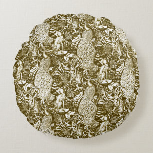 Art Nouveau Pfauenmuster, Braun und Creme Rundes Kissen