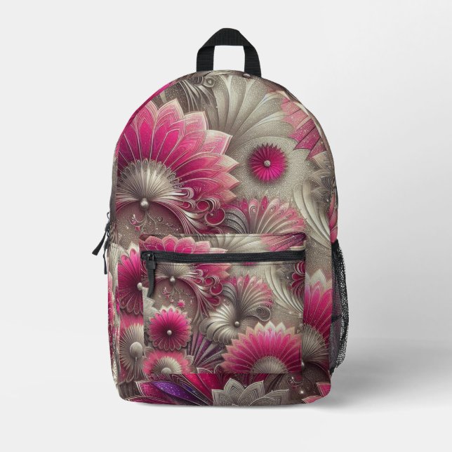 Art Nouveau Pink und Silver Fans Bedruckter Rucksack (Vorderseite)