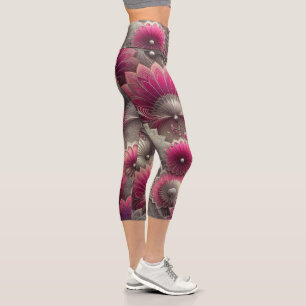 Art Nouveau Pink und Silver Fans Capri Leggings
