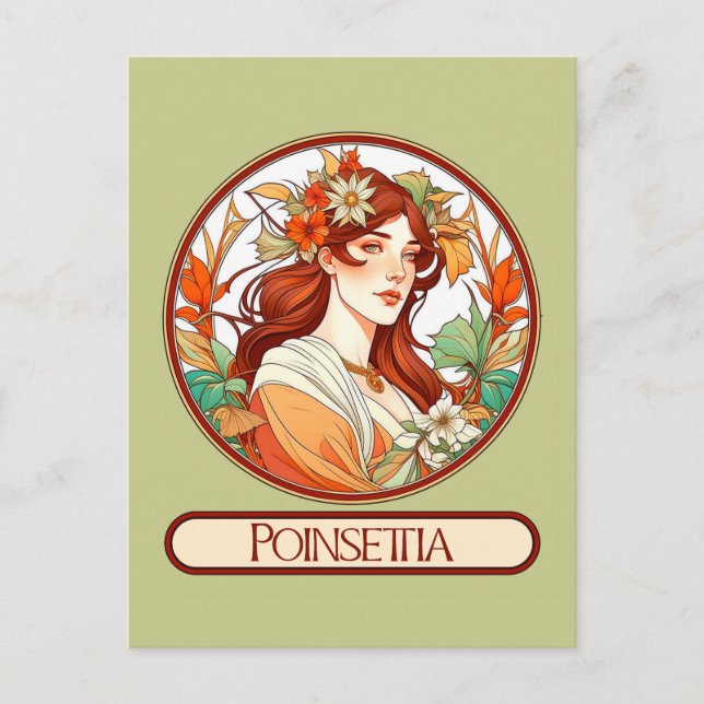 Art Nouveau Poinsettia Frau Postkarte (Vorderseite)