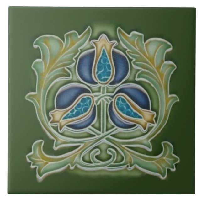 Art Nouveau Pomegranate Repro Tile Blues & Grüntön Fliese (Vorderseite)
