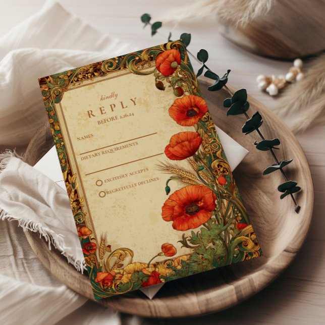 Art Nouveau Poppy Wedding RSVP Karte (Von Creator hochgeladen)