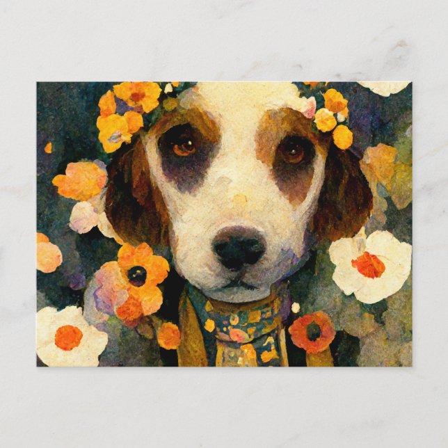Art Nouveau portrait of Beagle dog with flowers Postkarte (Vorderseite)
