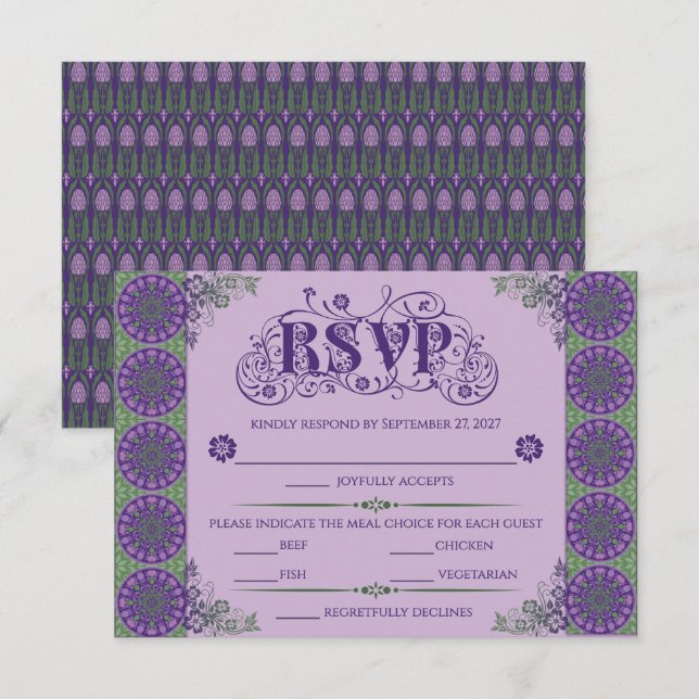 Art Nouveau Purple Thistle Wheel Horizontal RSVP Karte (Vorne/Hinten)