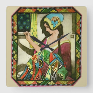 Art Nouveau-Quilterin – Vintage Näherin  Quadratische Wanduhr