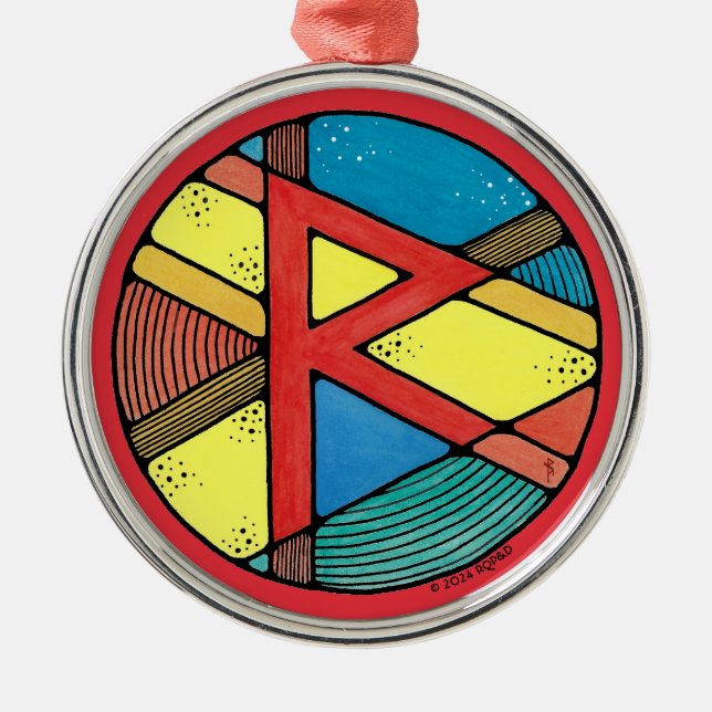 Art Nouveau Raidho Rune of Balance Ornament Aus Metall (Vorne)