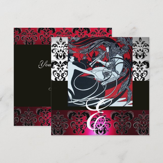 ART NOUVEAU RED BLACK GRAU SILVER DAMASK MONOGRAMM EINLADUNG (Vorne/Hinten)