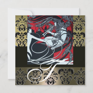 ART NOUVEAU RED BLACK GRAU WHITE DAMASK MONOGRAM EINLADUNG