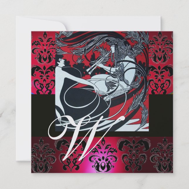 ART NOUVEAU RED BLACK ICE DAMASK MONOGRAMM , Ruby Einladung (Vorderseite)