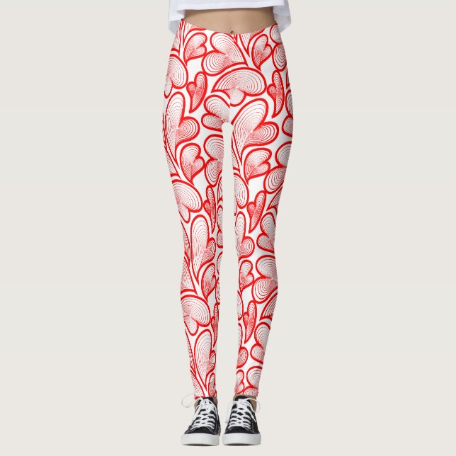Art Nouveau Red Hearts Foliage Leggings (Vorderseite)